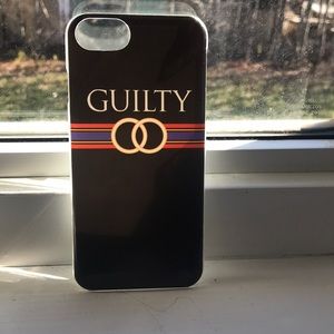 phone case that says guilty with Gucci logo under